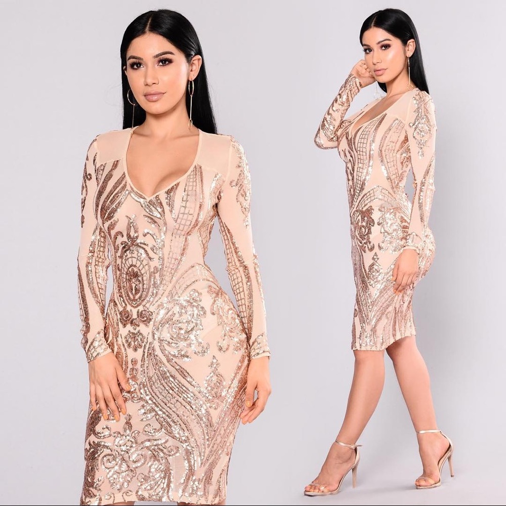 Miss Fortune nude / rose gold bodycon midi dress